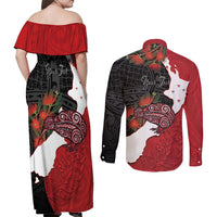 Kiwi New Zealand Personalised Couples Matching Off Shoulder Maxi Dress and Long Sleeve Button Shirt NZ Map Pohutukawa Fern Maori Pattern LT22 - Polynesian Pride