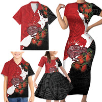Kiwi New Zealand Personalised Family Matching Short Sleeve Bodycon Dress and Hawaiian Shirt NZ Map Pohutukawa Fern Maori Pattern LT22 - Polynesian Pride