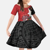 Kiwi New Zealand Personalised Family Matching Tank Maxi Dress and Hawaiian Shirt NZ Map Pohutukawa Fern Maori Pattern LT22 Daughter's Dress Red - Polynesian Pride