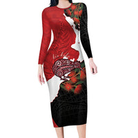 Kiwi New Zealand Personalised Long Sleeve Bodycon Dress NZ Map Pohutukawa Fern Maori Pattern LT22 Long Dress Red - Polynesian Pride