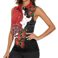 Kiwi New Zealand Personalised Women Sleeveless Polo Shirt NZ Map Pohutukawa Fern Maori Pattern LT22 - Polynesian Pride