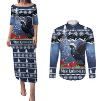 New Zealand Tui Bird Christmas Couples Matching Puletasi and Long Sleeve Button Shirt Pohutukawa Xmas Tree Meri Kirihimete LT22 Blue - Polynesian Pride