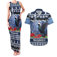 New Zealand Tui Bird Christmas Couples Matching Tank Maxi Dress and Hawaiian Shirt Pohutukawa Xmas Tree Meri Kirihimete LT22 Blue - Polynesian Pride