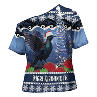New Zealand Tui Bird Christmas Cross Shoulder Shirt Pohutukawa Xmas Tree Meri Kirihimete LT22 - Polynesian Pride