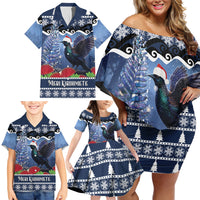 New Zealand Tui Bird Christmas Family Matching Off Shoulder Short Dress and Hawaiian Shirt Pohutukawa Xmas Tree Meri Kirihimete LT22 - Polynesian Pride