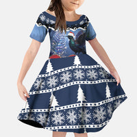 New Zealand Tui Bird Christmas Family Matching Summer Maxi Dress and Hawaiian Shirt Pohutukawa Xmas Tree Meri Kirihimete LT22 Daughter's Dress Blue - Polynesian Pride