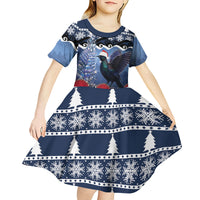 New Zealand Tui Bird Christmas Kid Short Sleeve Dress Pohutukawa Xmas Tree Meri Kirihimete LT22 - Polynesian Pride