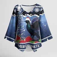New Zealand Tui Bird Christmas Kimono Sleeve Blouse Pohutukawa Xmas Tree Meri Kirihimete LT22 Female Blue - Polynesian Pride