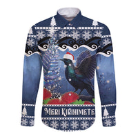 New Zealand Tui Bird Christmas Long Sleeve Button Shirt Pohutukawa Xmas Tree Meri Kirihimete LT22 Unisex Blue - Polynesian Pride