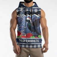 New Zealand Tui Bird Christmas Sleeveless Hoodie Pohutukawa Xmas Tree Meri Kirihimete LT22 - Polynesian Pride