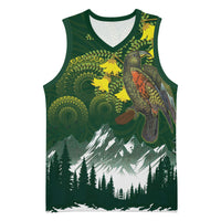 Kea Bird Kowhai New Zealand Basketball Jersey Mountain Landscape Maori Art LT22 Unisex Green - Polynesian Pride