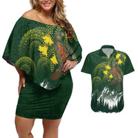 Kea Bird Kowhai New Zealand Couples Matching Off Shoulder Short Dress and Hawaiian Shirt Mountain Landscape Maori Art LT22 Green - Polynesian Pride