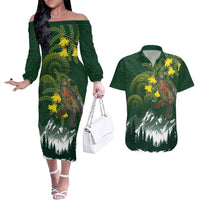 Kea Bird Kowhai New Zealand Couples Matching Off The Shoulder Long Sleeve Dress and Hawaiian Shirt Mountain Landscape Maori Art LT22 Green - Polynesian Pride