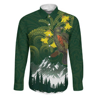 Kea Bird Kowhai New Zealand Family Matching Off Shoulder Maxi Dress and Hawaiian Shirt Mountain Landscape Maori Art LT22 Dad's Shirt - Long Sleeve Green - Polynesian Pride