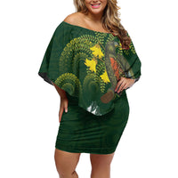 Kea Bird Kowhai New Zealand Family Matching Off Shoulder Short Dress and Hawaiian Shirt Mountain Landscape Maori Art LT22 Mom's Dress Green - Polynesian Pride