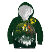 Kea Bird Kowhai New Zealand Kid Hoodie Mountain Landscape Maori Art LT22 Hoodie Green - Polynesian Pride