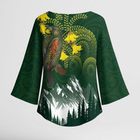 Kea Bird Kowhai New Zealand Kimono Sleeve Blouse Mountain Landscape Maori Art LT22 - Polynesian Pride