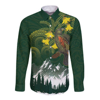 Kea Bird Kowhai New Zealand Long Sleeve Button Shirt Mountain Landscape Maori Art LT22 Unisex Green - Polynesian Pride
