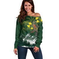 Kea Bird Kowhai New Zealand Off Shoulder Sweater Mountain Landscape Maori Art LT22 Women Green - Polynesian Pride