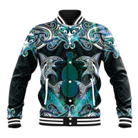 New Zealand Kotiate Weapon Baseball Jacket Aotearoa Mango Paua Shell Maori Pattern LT22 Unisex Blue - Polynesian Pride