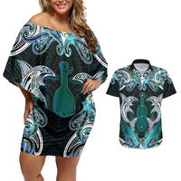 New Zealand Kotiate Weapon Couples Matching Off Shoulder Short Dress and Hawaiian Shirt Aotearoa Mango Paua Shell Maori Pattern LT22 Blue - Polynesian Pride