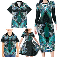 New Zealand Kotiate Weapon Family Matching Long Sleeve Bodycon Dress and Hawaiian Shirt Aotearoa Mango Paua Shell Maori Pattern LT22 - Polynesian Pride