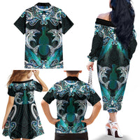 New Zealand Kotiate Weapon Family Matching Off The Shoulder Long Sleeve Dress and Hawaiian Shirt Aotearoa Mango Paua Shell Maori Pattern LT22 - Polynesian Pride