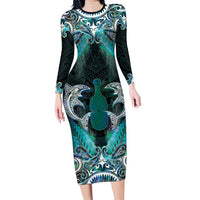 New Zealand Kotiate Weapon Long Sleeve Bodycon Dress Aotearoa Mango Paua Shell Maori Pattern LT22 Long Dress Blue - Polynesian Pride