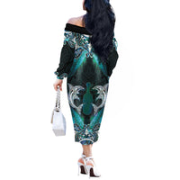 New Zealand Kotiate Weapon Off The Shoulder Long Sleeve Dress Aotearoa Mango Paua Shell Maori Pattern LT22 - Polynesian Pride