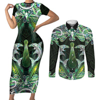 New Zealand Mere Pounamu Weapon Couples Matching Short Sleeve Bodycon Dress and Long Sleeve Button Shirt Aotearoa Mango Paua Shell Maori Pattern LT22 Green - Polynesian Pride