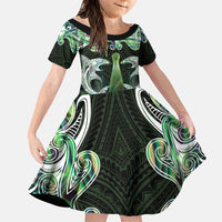 New Zealand Mere Pounamu Weapon Family Matching Long Sleeve Bodycon Dress and Hawaiian Shirt Aotearoa Mango Paua Shell Maori Pattern LT22 Daughter's Dress Green - Polynesian Pride