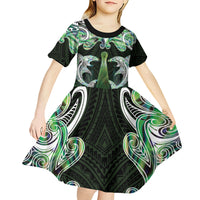 New Zealand Mere Pounamu Weapon Kid Short Sleeve Dress Aotearoa Mango Paua Shell Maori Pattern LT22 - Polynesian Pride
