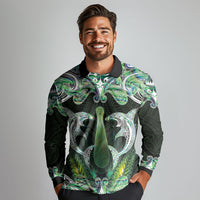 New Zealand Mere Pounamu Weapon Long Sleeve Polo Shirt Aotearoa Mango Paua Shell Maori Pattern LT22 - Polynesian Pride