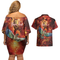 New Zealand Kea Bird Matariki Personalised Couples Matching Off Shoulder Short Dress and Hawaiian Shirt Silver Fern Maori Pattern LT22 - Polynesian Pride