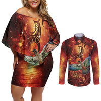 New Zealand Kea Bird Matariki Personalised Couples Matching Off Shoulder Short Dress and Long Sleeve Button Shirt Silver Fern Maori Pattern LT22 Orange - Polynesian Pride