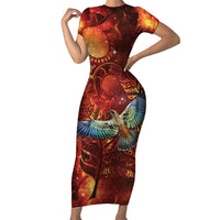 New Zealand Kea Bird Matariki Personalised Family Matching Short Sleeve Bodycon Dress and Hawaiian Shirt Silver Fern Maori Pattern LT22 Mom's Dress Orange - Polynesian Pride