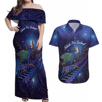 Takahe New Zealand Personalised Couples Matching Off Shoulder Maxi Dress and Hawaiian Shirt Harakeke Silver Fern Maori Pattern LT22 Blue - Polynesian Pride