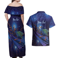 Takahe New Zealand Personalised Couples Matching Off Shoulder Maxi Dress and Hawaiian Shirt Harakeke Silver Fern Maori Pattern LT22 - Polynesian Pride