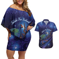 Takahe New Zealand Personalised Couples Matching Off Shoulder Short Dress and Hawaiian Shirt Harakeke Silver Fern Maori Pattern LT22 Blue - Polynesian Pride