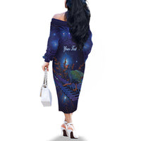 Takahe New Zealand Personalised Family Matching Off The Shoulder Long Sleeve Dress and Hawaiian Shirt Harakeke Silver Fern Maori Pattern LT22 - Polynesian Pride