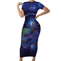 Takahe New Zealand Personalised Family Matching Short Sleeve Bodycon Dress and Hawaiian Shirt Harakeke Silver Fern Maori Pattern LT22 Mom's Dress Blue - Polynesian Pride