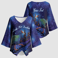 Takahe New Zealand Personalised Kimono Sleeve Blouse Harakeke Silver Fern Maori Pattern