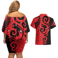 New Zealand Matariki Couples Matching Off Shoulder Short Dress and Hawaiian Shirt Maori New Year Koru Pattern LT22 - Polynesian Pride