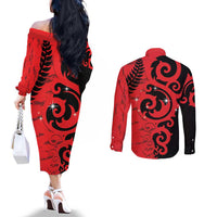 New Zealand Matariki Couples Matching Off The Shoulder Long Sleeve Dress and Long Sleeve Button Shirt Maori New Year Koru Pattern LT22 - Polynesian Pride