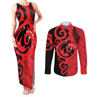 New Zealand Matariki Couples Matching Tank Maxi Dress and Long Sleeve Button Shirt Maori New Year Koru Pattern LT22 Red - Polynesian Pride