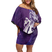 New Zealand Matariki Family Matching Off Shoulder Short Dress and Hawaiian Shirt Maori Manaia Galaxy Silver Fern Purple Color LT22 Mom's Dress Purple - Polynesian Pride
