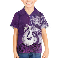 New Zealand Matariki Family Matching Off Shoulder Short Dress and Hawaiian Shirt Maori Manaia Galaxy Silver Fern Purple Color LT22 Son's Shirt Purple - Polynesian Pride