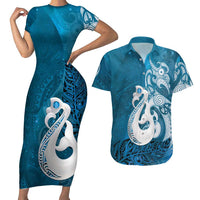 New Zealand Matariki Couples Matching Short Sleeve Bodycon Dress and Hawaiian Shirt Maori Manaia Galaxy Silver Fern Blue Color LT22 Blue - Polynesian Pride