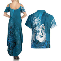 New Zealand Matariki Couples Matching Summer Maxi Dress and Hawaiian Shirt Maori Manaia Galaxy Silver Fern Blue Color LT22 - Polynesian Pride