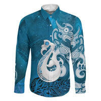 New Zealand Matariki Family Matching Off Shoulder Maxi Dress and Hawaiian Shirt Maori Manaia Galaxy Silver Fern Blue Color LT22 Dad's Shirt - Long Sleeve Blue - Polynesian Pride